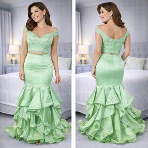 Val Stefani Light Green Lace Two Piece Formal Mermaid Gown $375